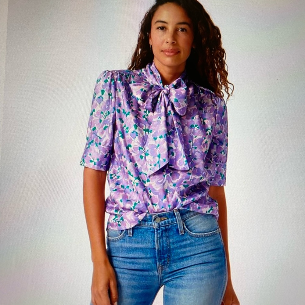 J.Crew Collection Tie-neck Top In Ratti Lilac College Print Blouse Size L